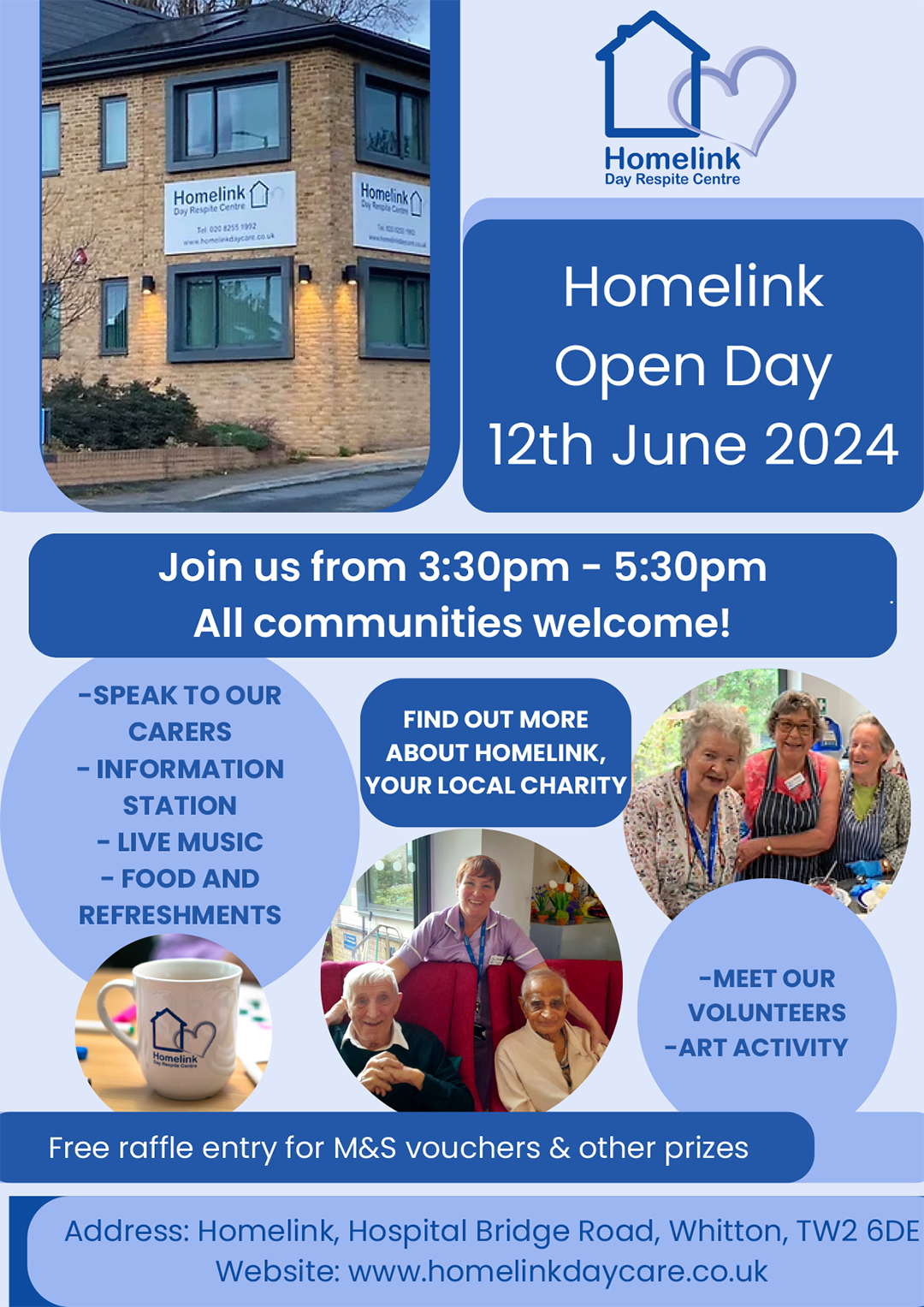Homelink Open Day flyer. Event on Wednesday, 12th June 2024, from 3:30 PM to 5:30 PM