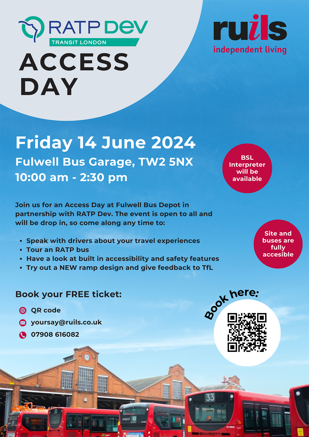 Ruils Access Day 2024 flyer. Friday 14th June at Fulwell Bus Garage. 10am-2.30pm