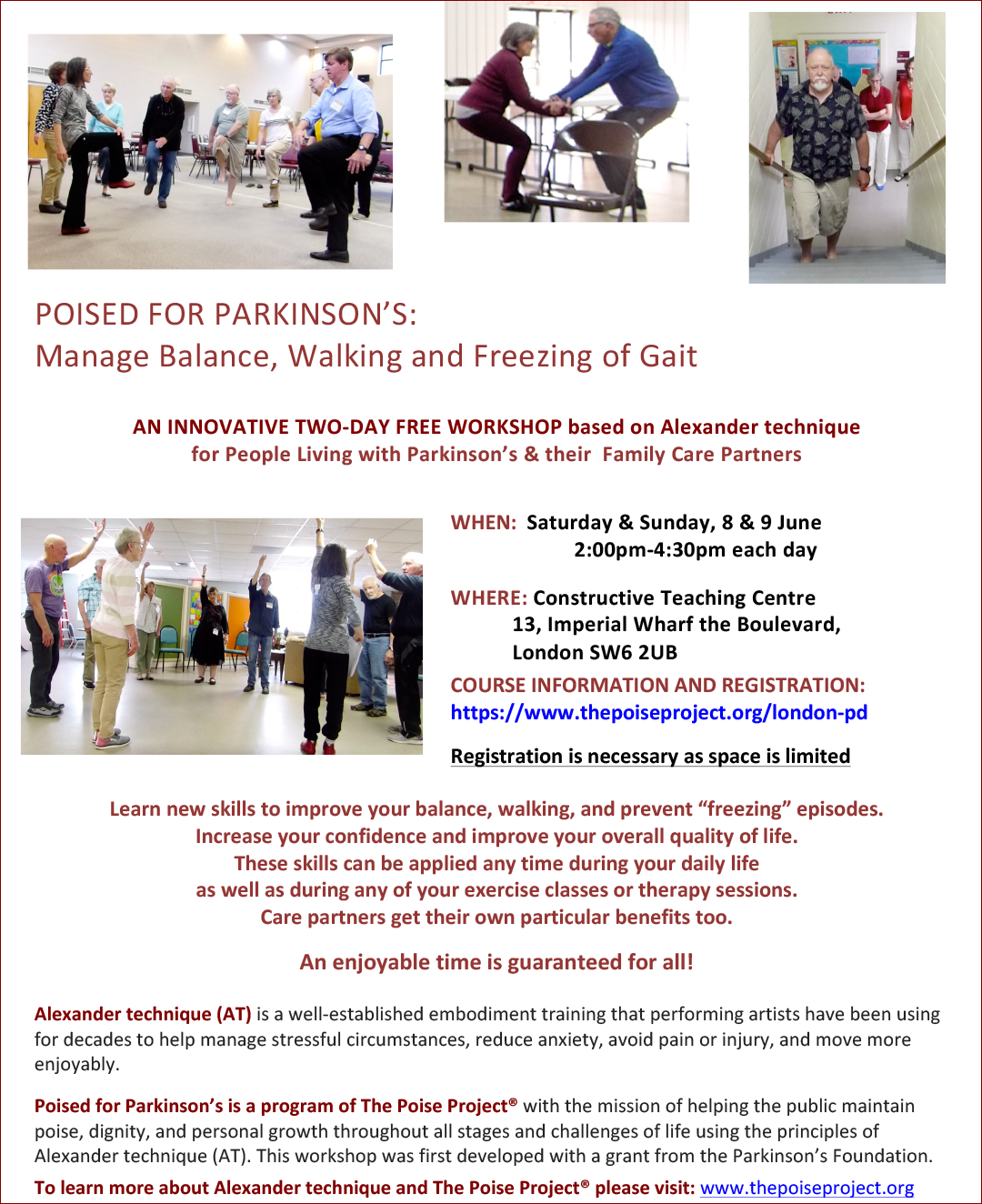 the Poise Project Poised for Parkinsons - London Workshop Flyer