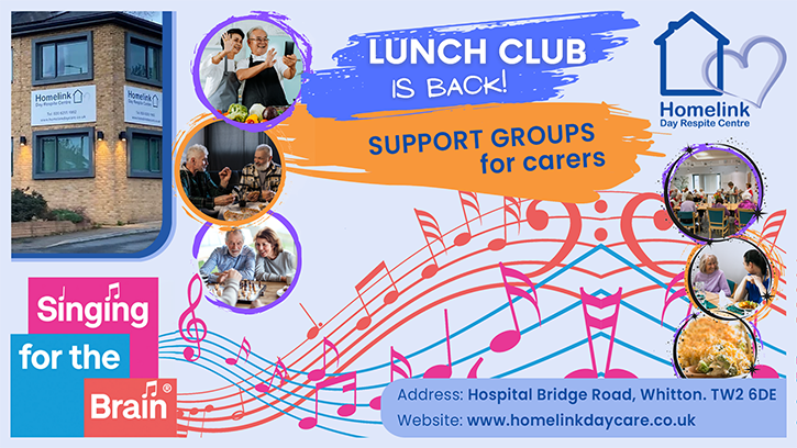 Homelink Activities for Carers banner 2024. Lunch Club, Support groups for carers and Singing for the Brain.