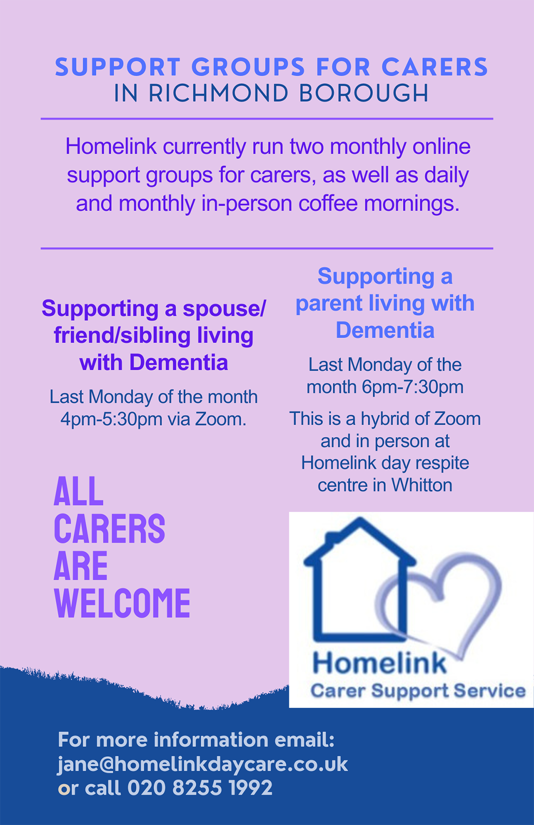 Homelink Carers Online Support Groups flyer